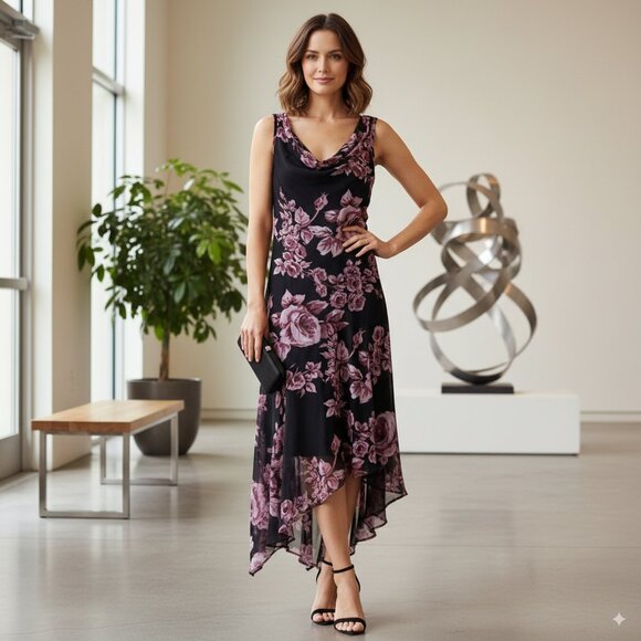 Connected Apparel Black with Rose Floral Asymmetric Stretchable Midi Dress M - Picture 1 of 12